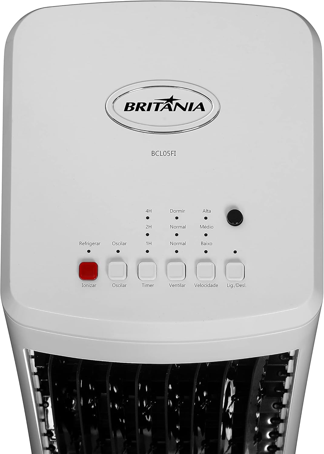 Painel superior do climatizador Britania BCL05FI branco com botões e logotipo