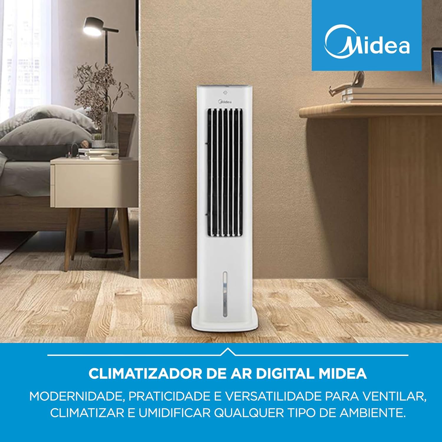 Climatizador de ar digital Midea branco em sala moderno versátil para ventilação, climatização e umidificação.