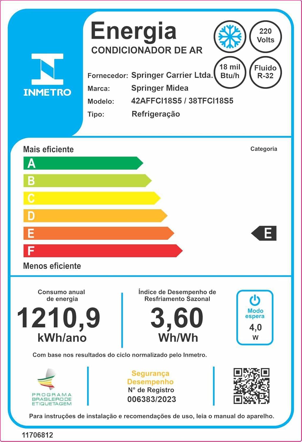 Etiqueta de eficiência energética do Inmetro para ar condicionado Springer Midea 18000 Btus com classificação E.