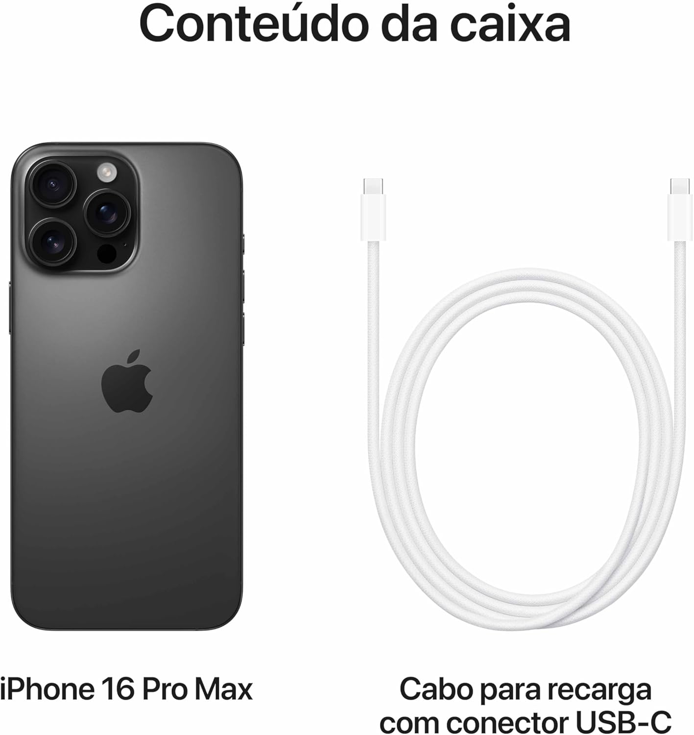 Conteúdo da caixa do Apple iPhone 16 Pro Max com cabo USB-C e telefone