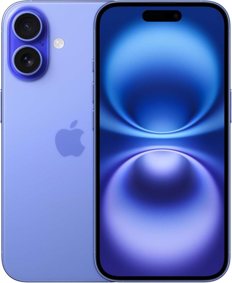 Apple iPhone 16 ultramarino frente e verso com fundo branco