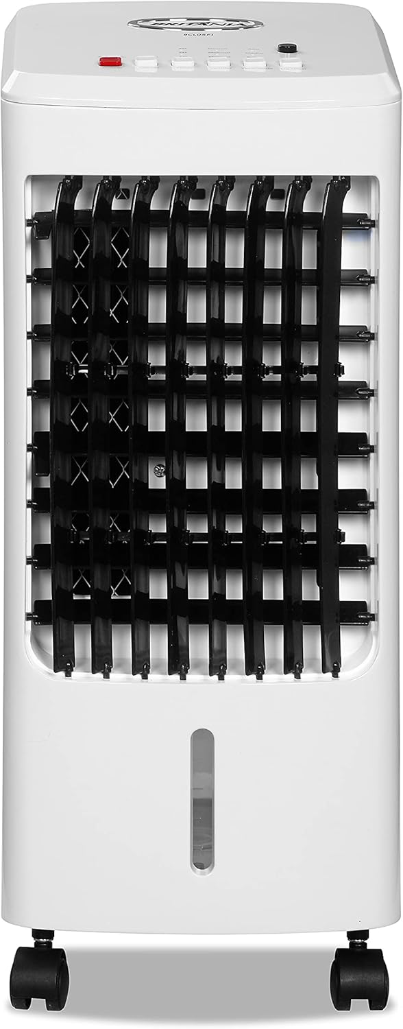 Climatizador de ar frio Britania BCL05FI branco vista frontal com grade preta e botões no topo