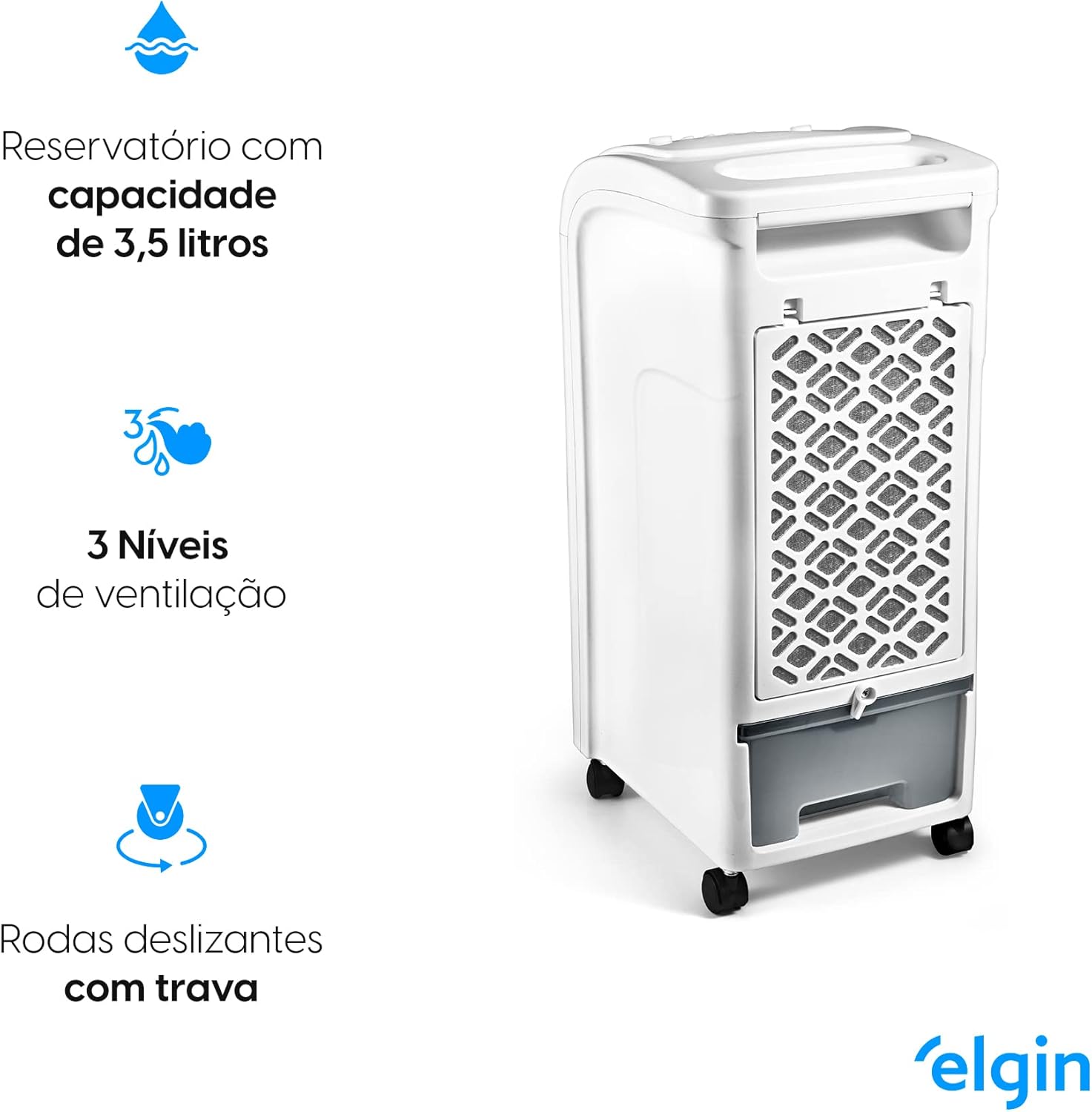 Climatizador Elgin com reservatório removível e detalhes técnicos