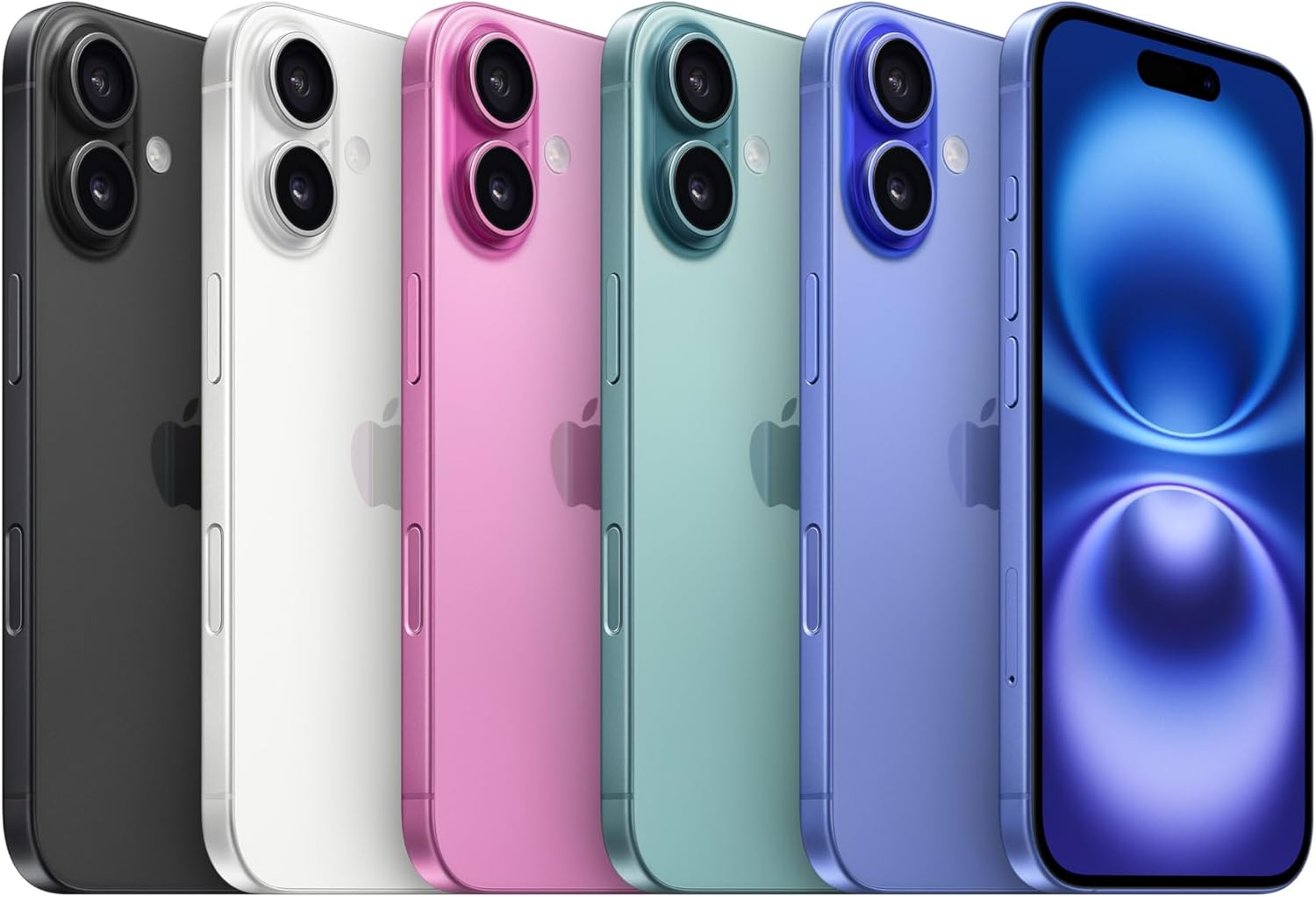 Linha de iPhones 16 em diversas cores com visão frontal e traseira do modelo azul.