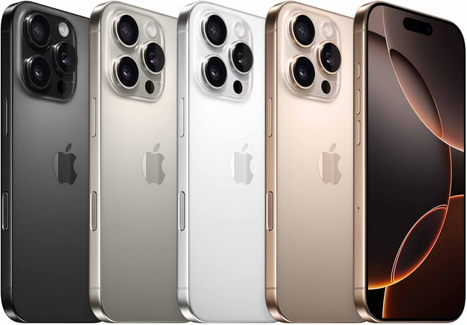 Diversas cores Apple iPhone 16 Pro incluindo titânio-deserto vista frontal e traseira