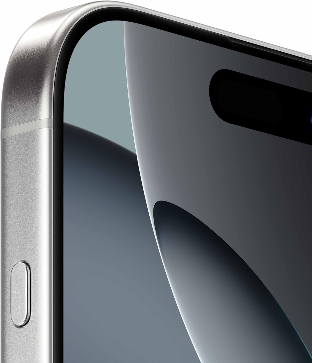 Detalhe da tela e borda do Apple iPhone 16 Pro titânio branco