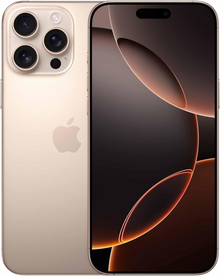 Apple iPhone 16 Pro Max titânio-deserto frente e verso com câmeras triplas