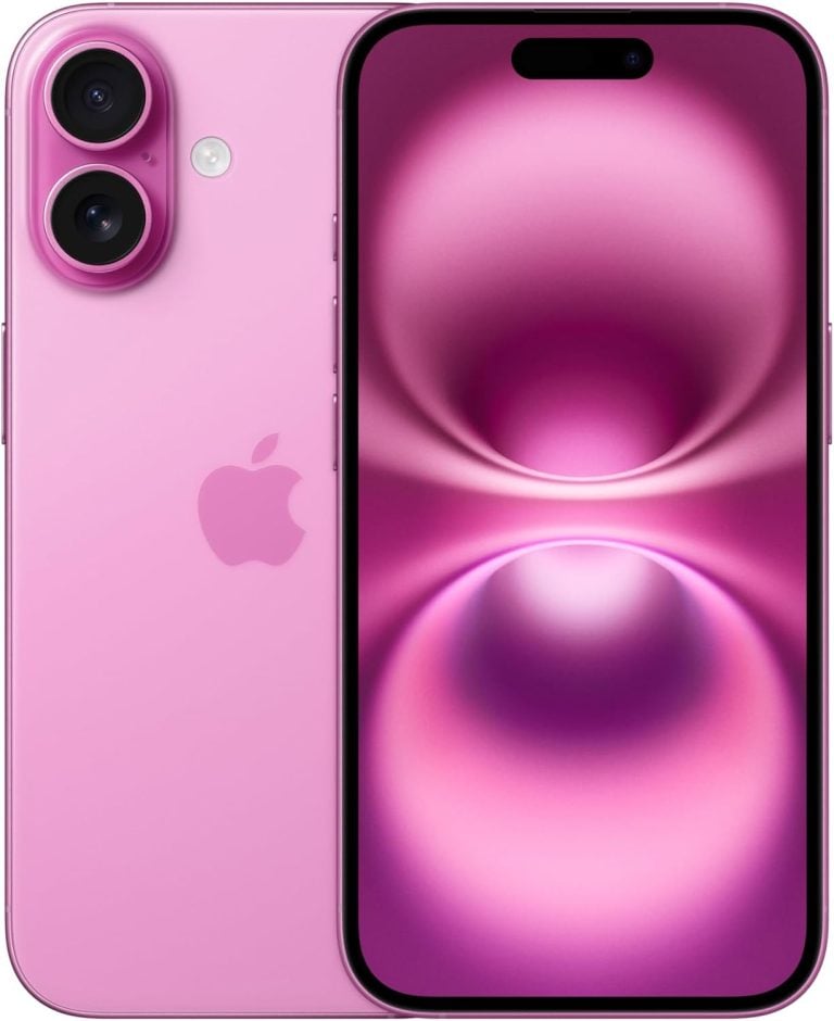 Apple iPhone 16 na cor rosa, mostrando frente e verso com tela ligada e duas câmeras traseiras.
