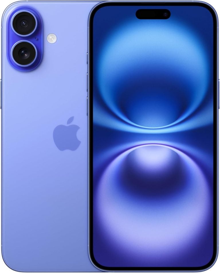 Apple iPhone 16 Plus azul ultramarino frontal e traseira com tela ligada e câmeras duplas