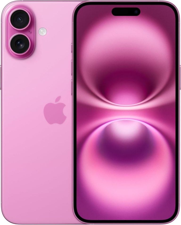 Apple iPhone 16 Plus 128 GB cor rosa visto de frente e traseira com tela rosa vibrante e câmera dupla.