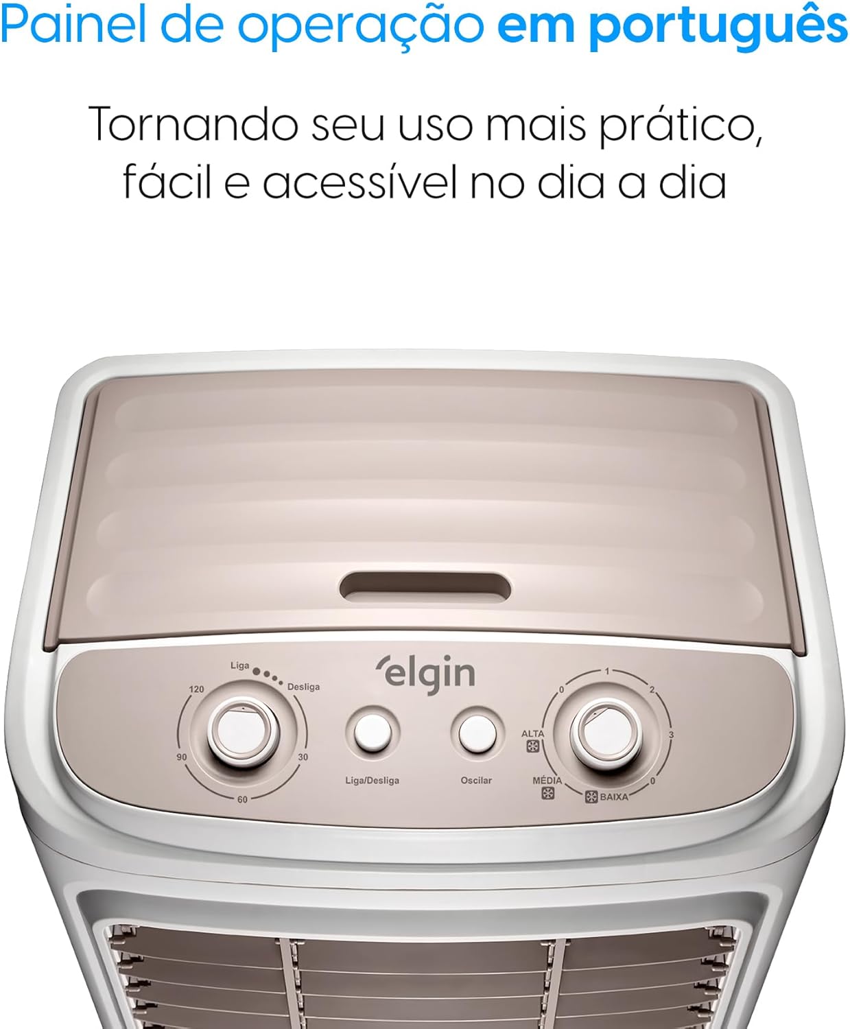 Painel de operação em português climatizador Elgin Big Air 45 Litros com botões e texto