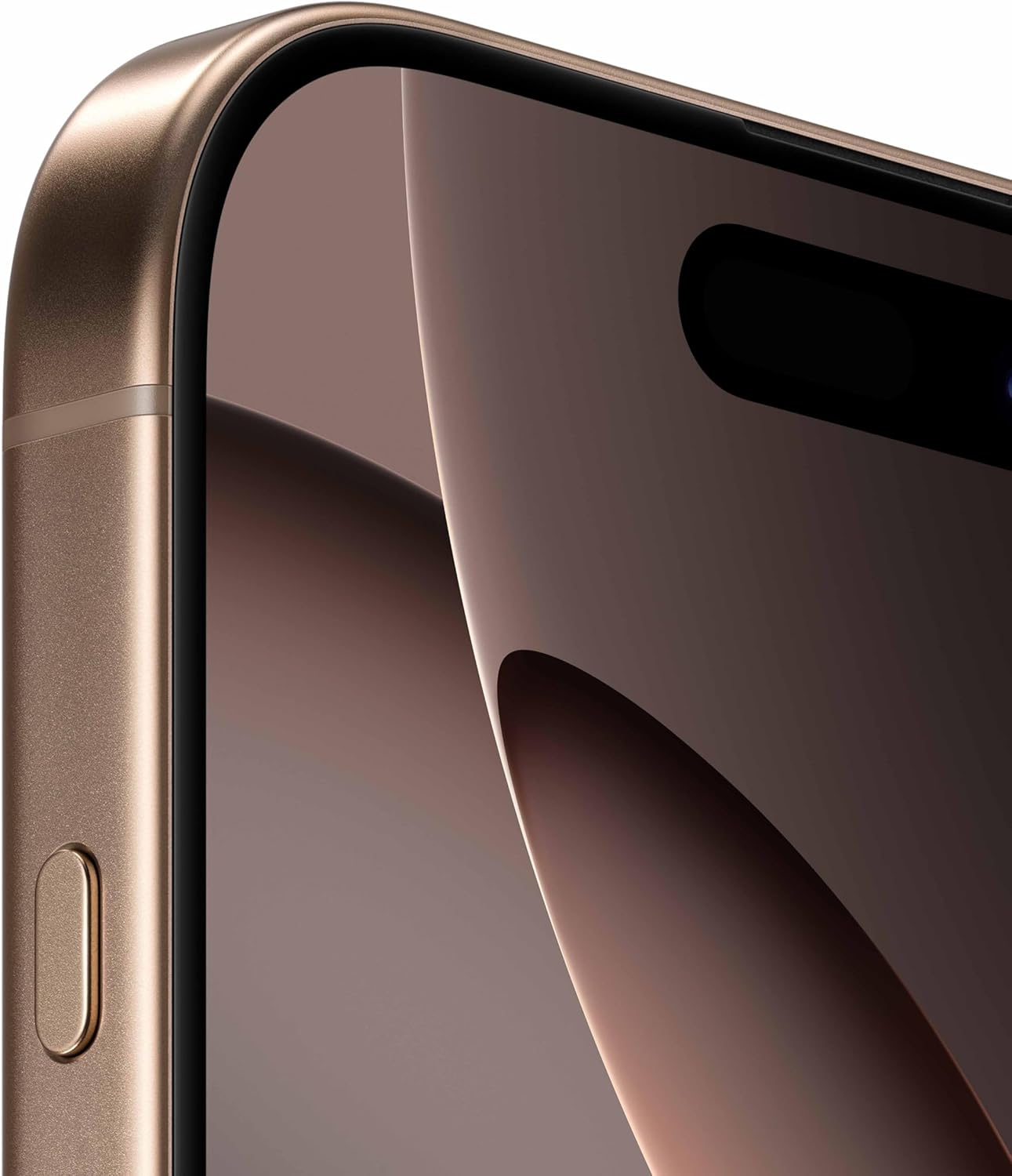 Detalhe da tela e borda metálica do Apple iPhone 16 Pro titânio-deserto