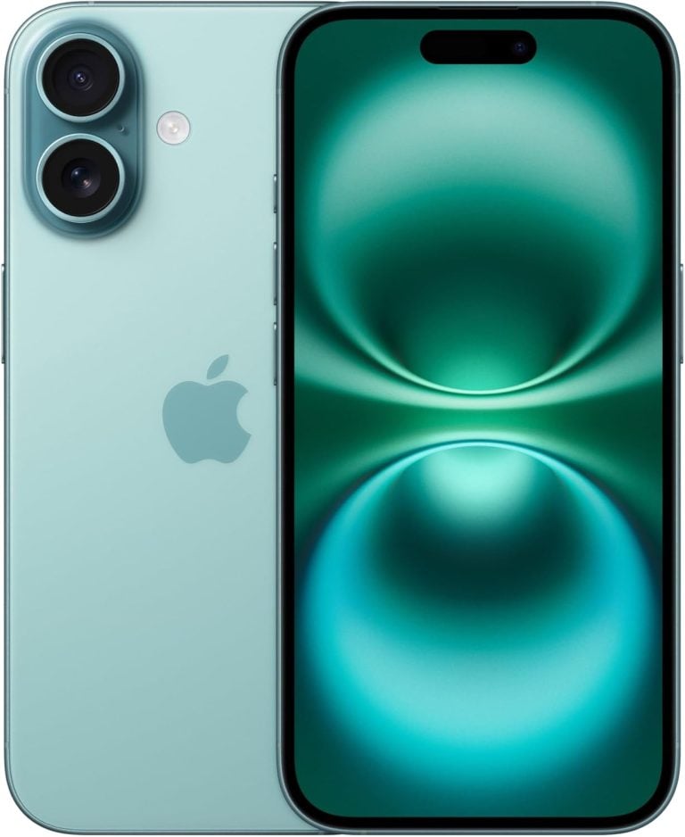 Apple iPhone 16 verde-acinzentado vista frontal e traseira com câmeras duplas e tela ligada