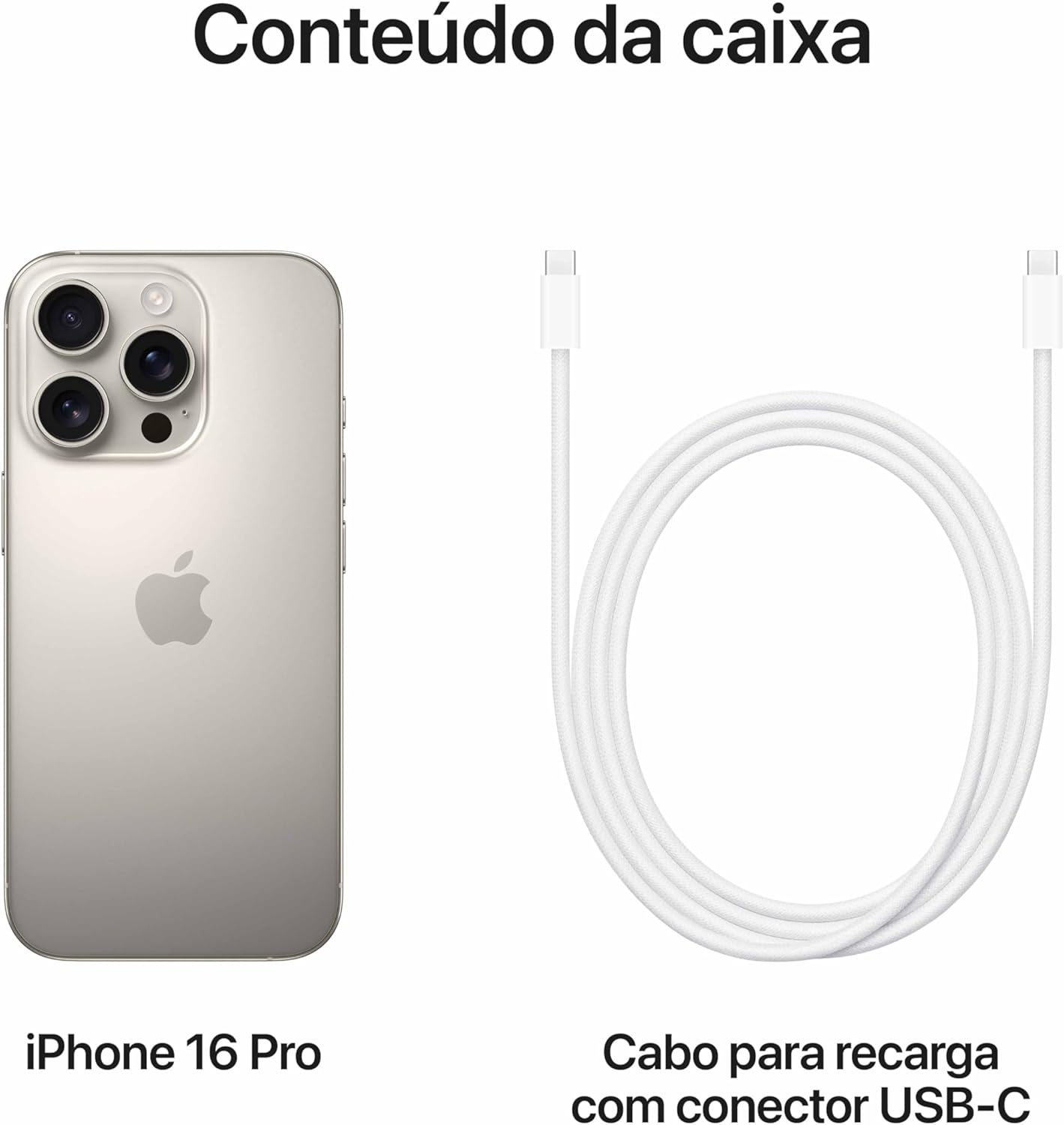 Conteúdo da caixa Apple iPhone 16 Pro com cabo USB-C e smartphone