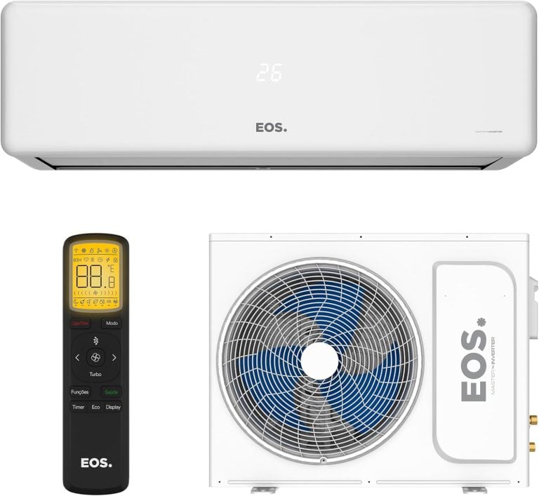 Ar-condicionado split EOS Master Inverter 12000 BTUs com unidade interna, controle remoto e unidade externa visíveis.
