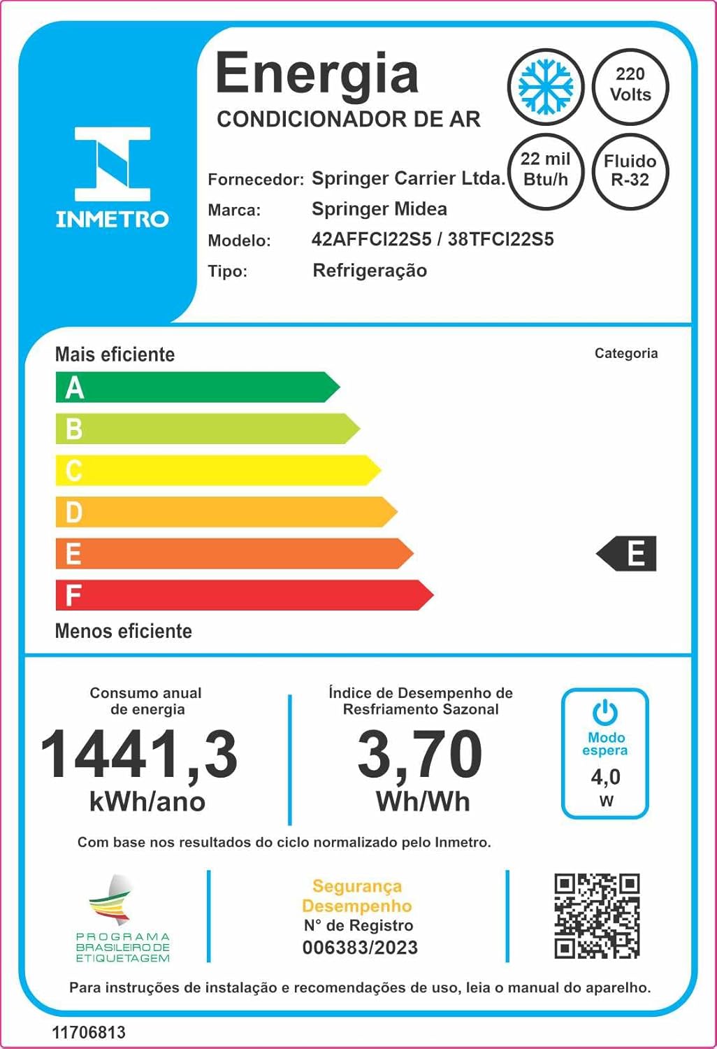 Etiqueta INMETRO eficiência energética ar condicionado Springer Midea Airvolution 22000 Btus categoria E.