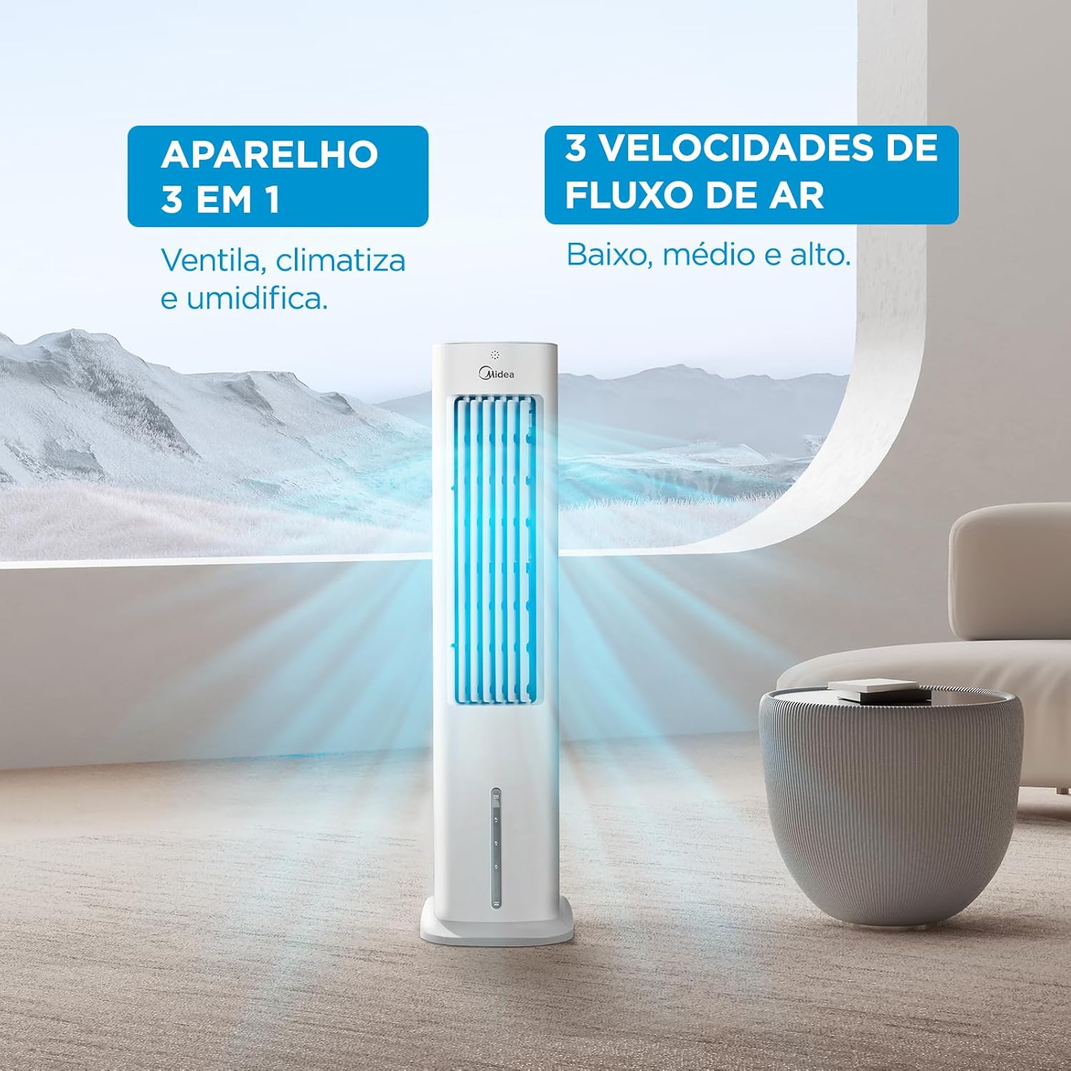 Climatizador de ar digital Midea 3 em 1 com 3 velocidades de fluxo de ar em ambiente montanhoso.