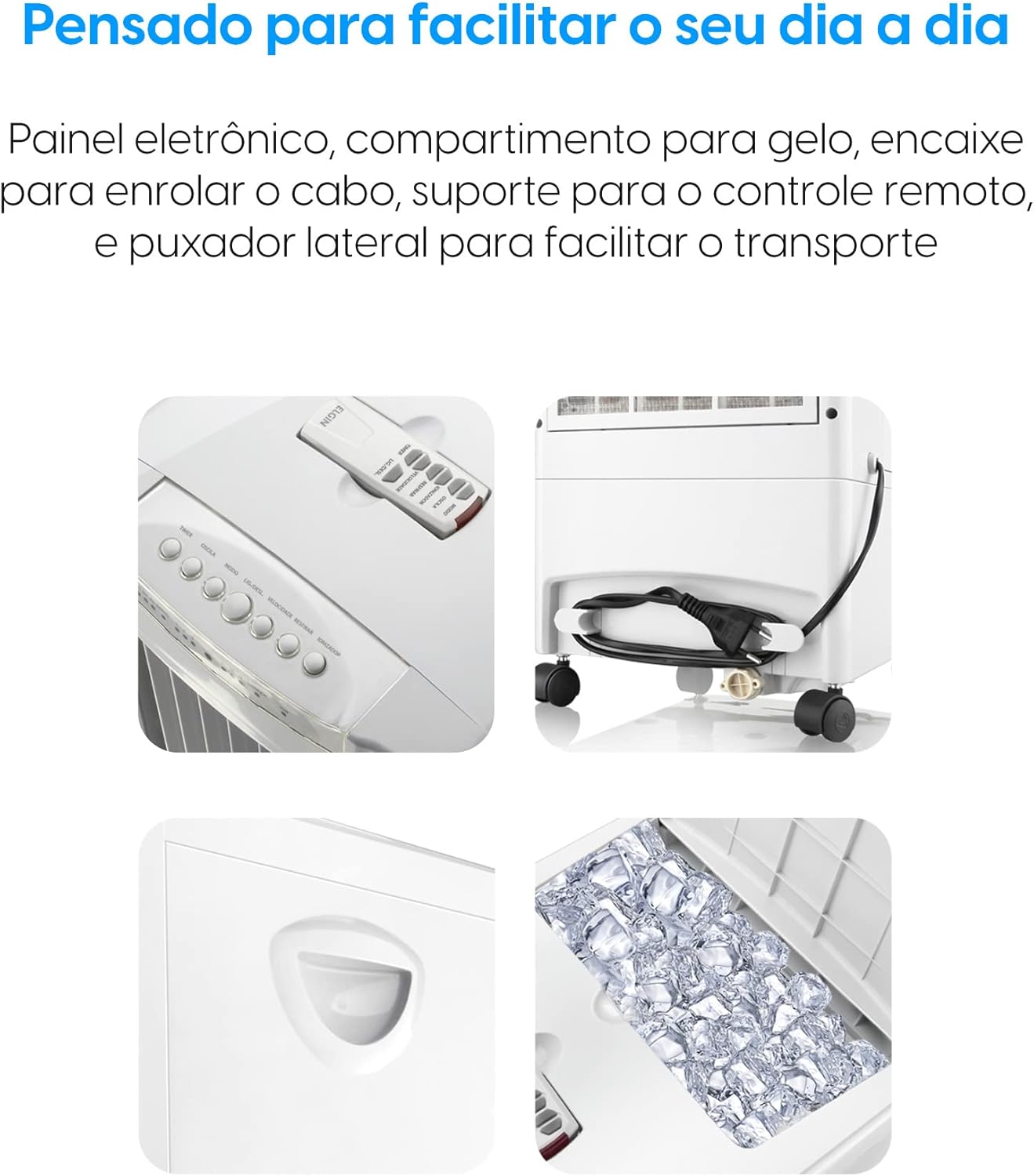 Detalhes do climatizador Elgin com painel eletrônico, compartimento para gelo e suporte controle remoto