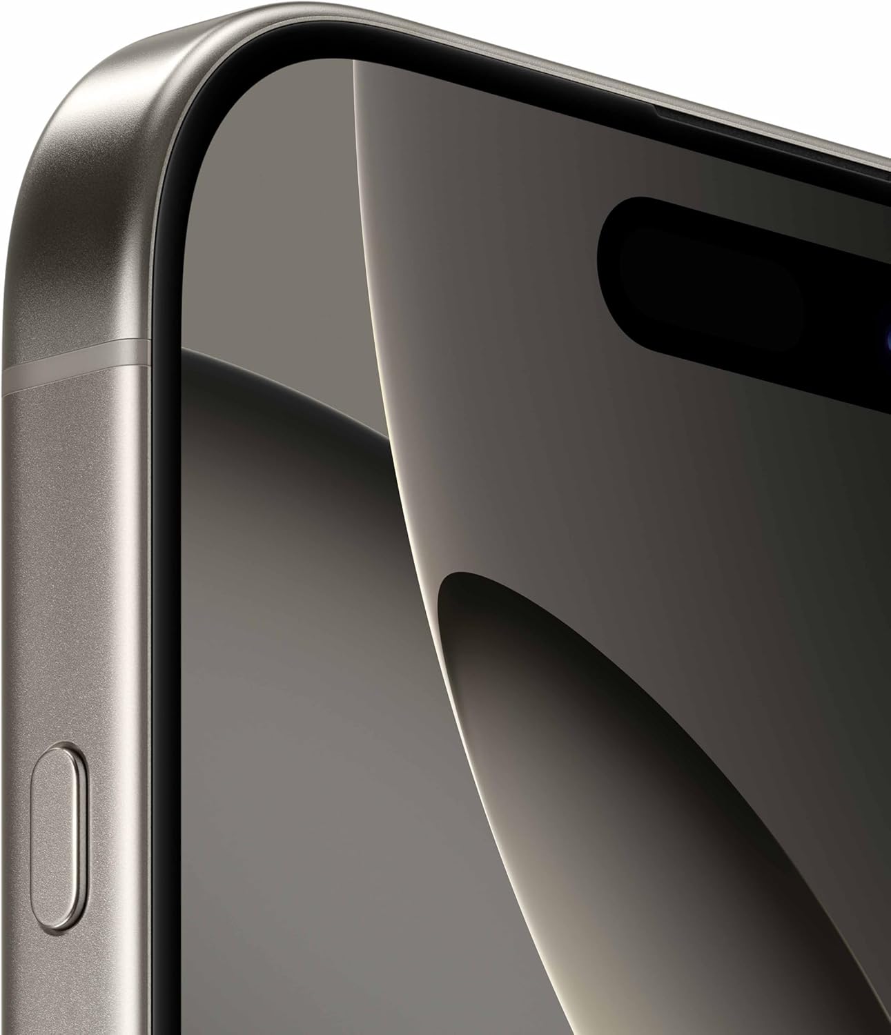 Detalhe frontal superior iPhone 16 Pro Titânio natural com tela e sensores.