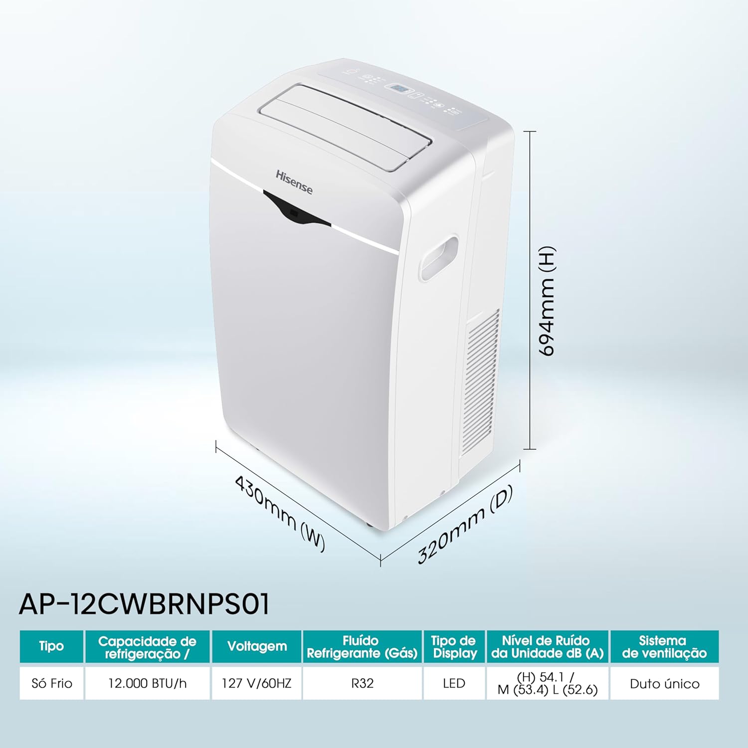Ar condicionado portátil Hisense com dimensões 430x320x694 mm e especificações técnicas