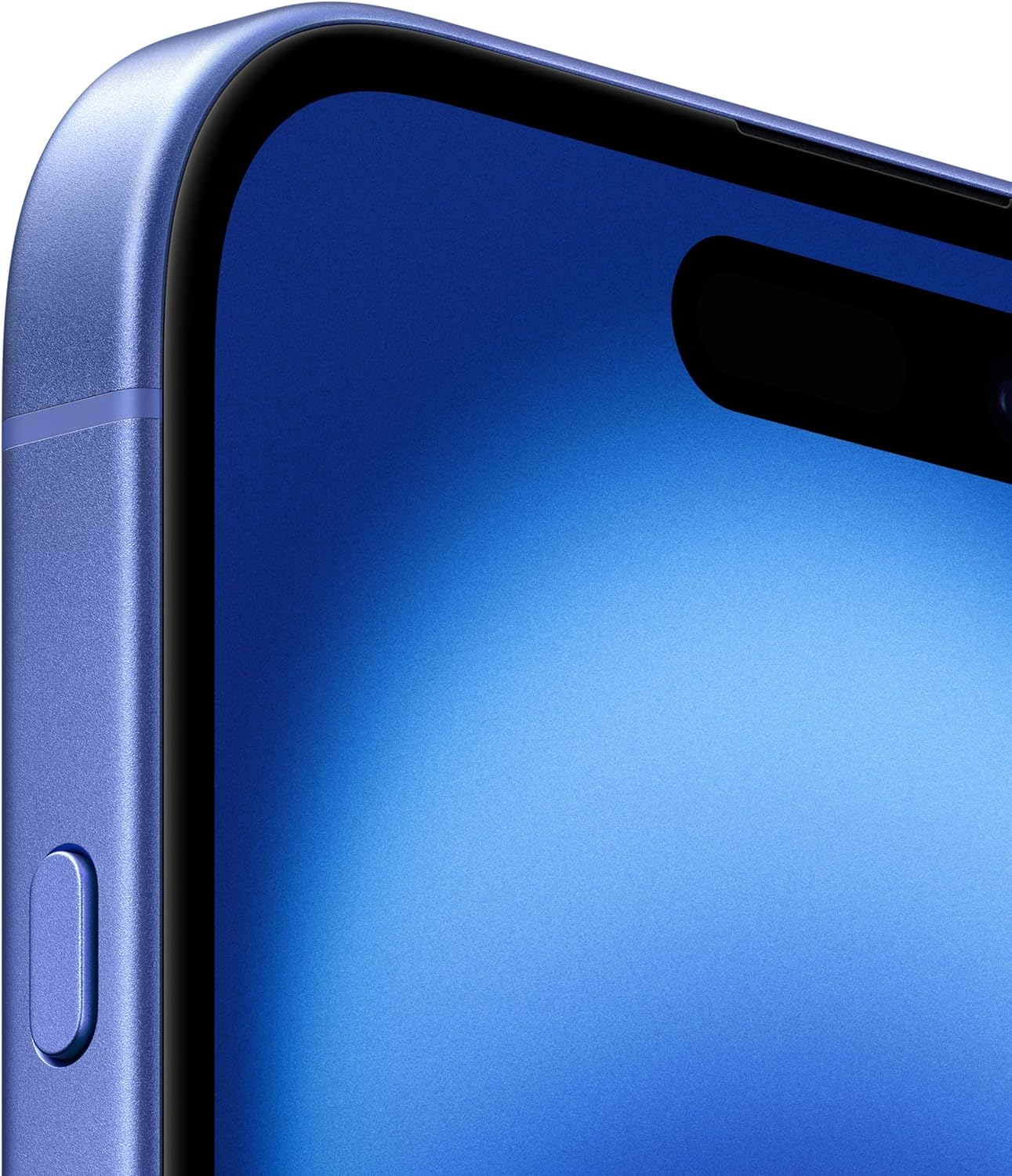Detalhe borda, botão lateral e notch do iPhone 16 ultramarino