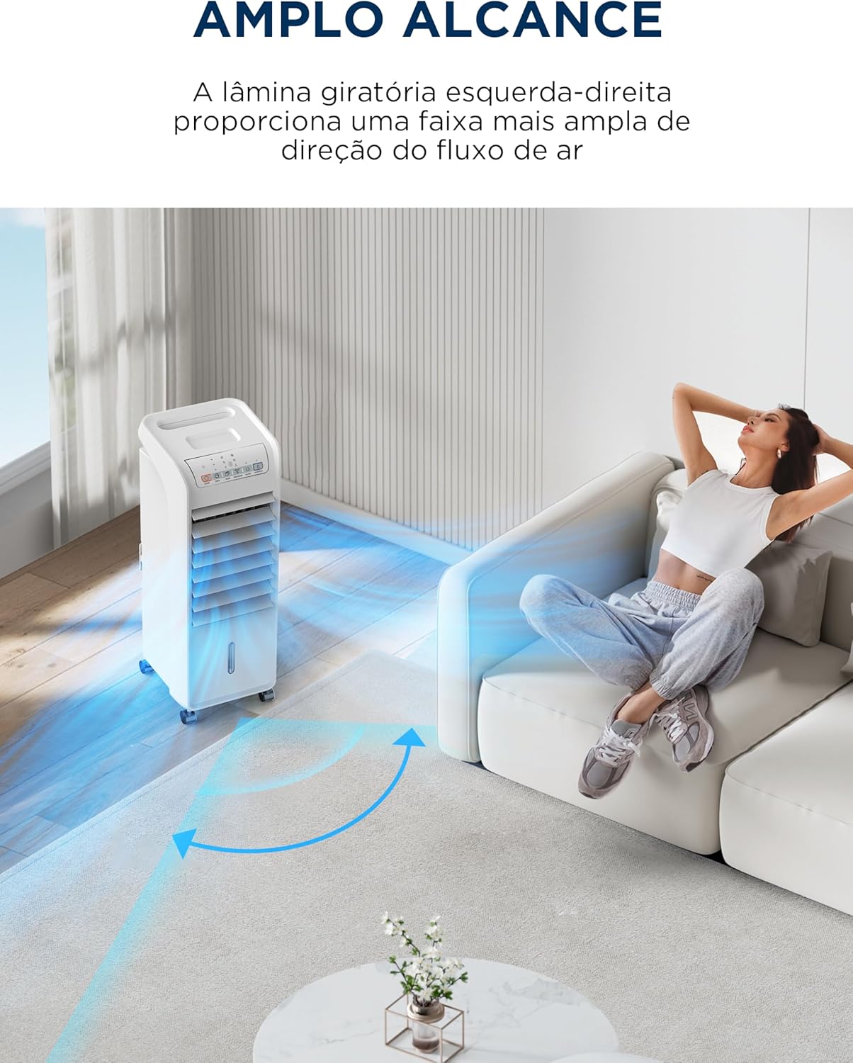 Climatizador de ar Midea com amplo alcance de fluxo de ar em sala