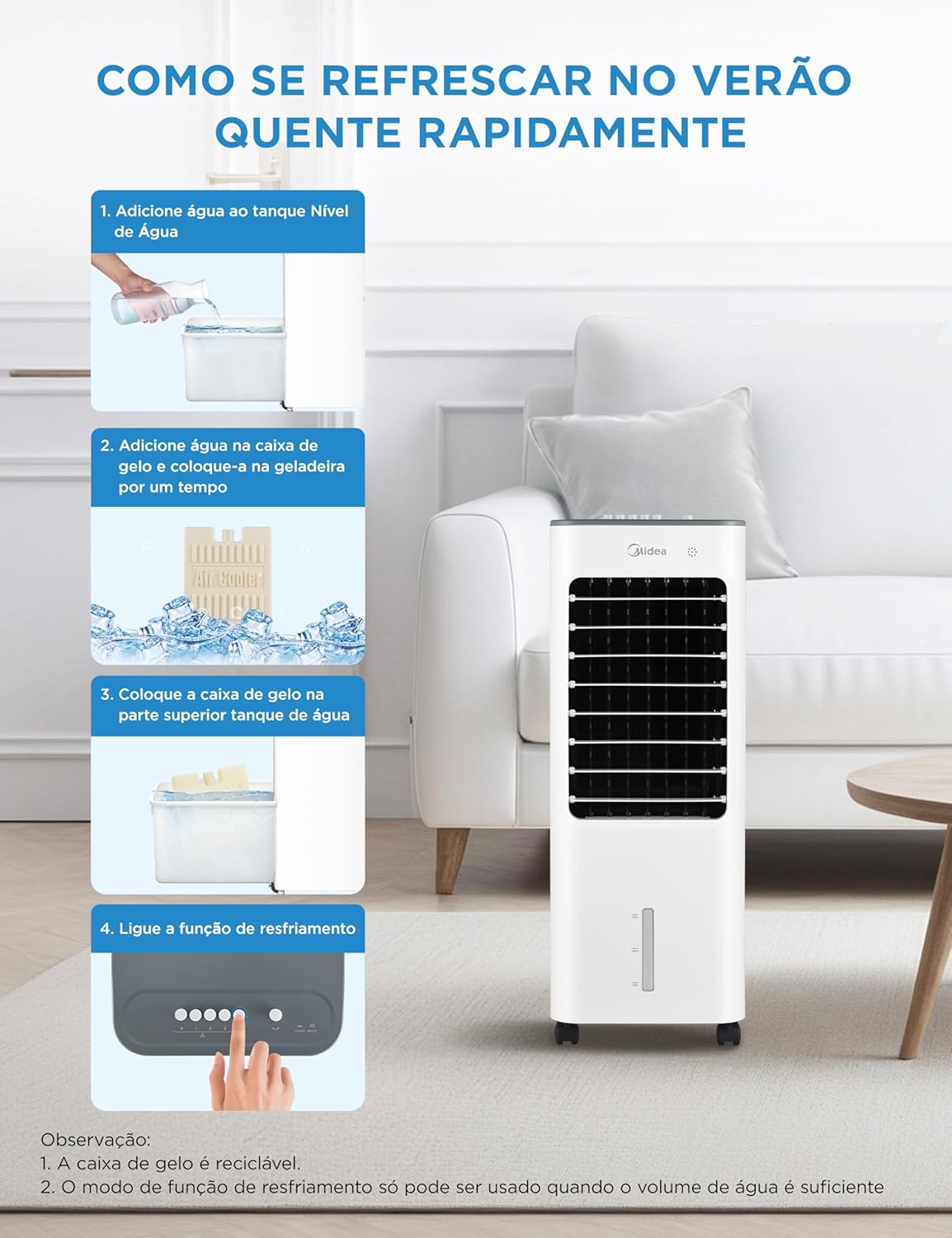 Passos para usar climatizador Midea com água e gelo para refrescar rapidamente no verão.
