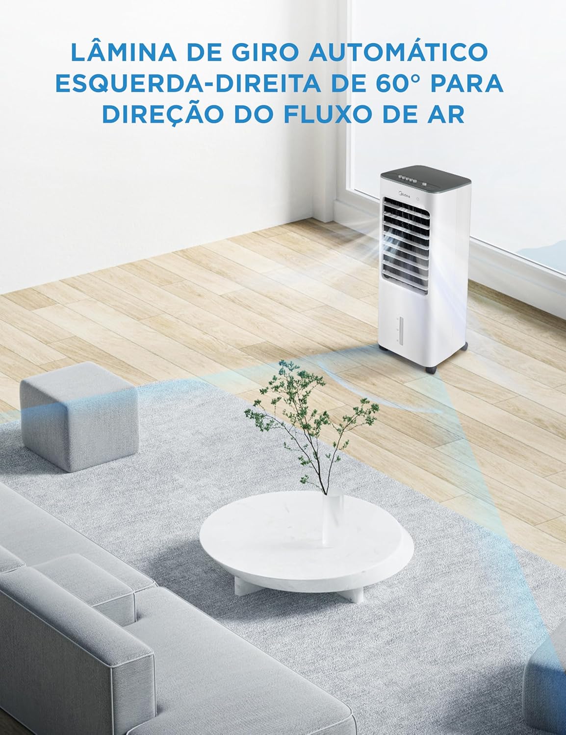 Climatizador Midea com lâmina de giro automático 60 graus direcionando o fluxo de ar em sala.
