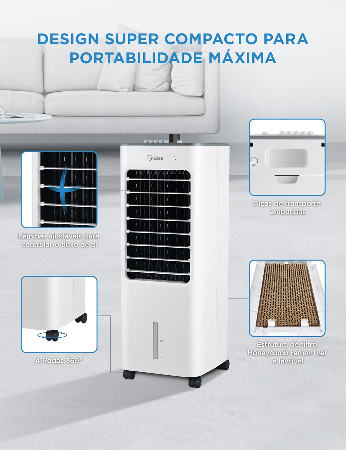 Climatizador compacto Midea com rodas, alças embutidas e filtro honeycomb removível.