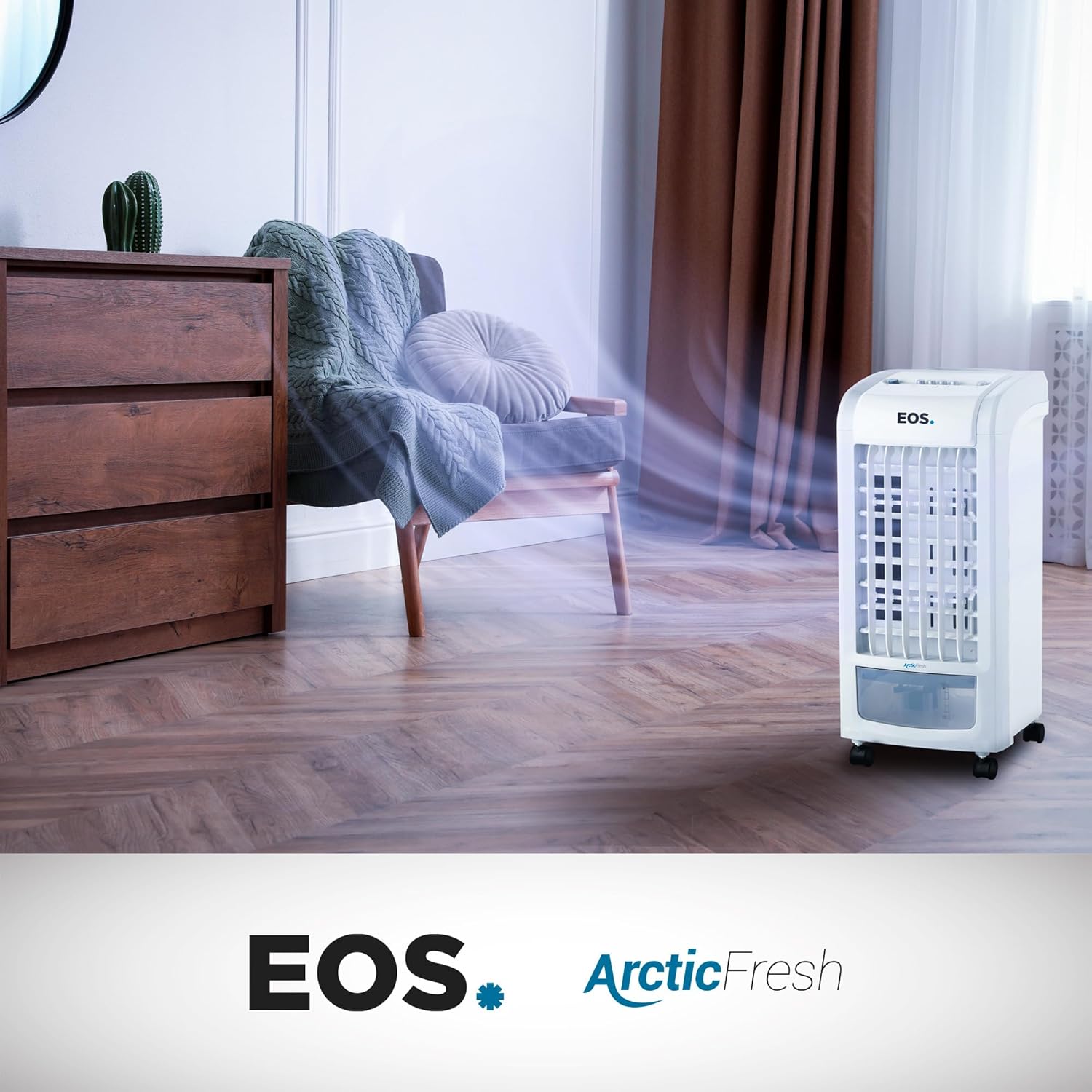 Climatizador Eos Arctic Fresh em sala de estar moderno, mostrando fluxo de ar fresco.