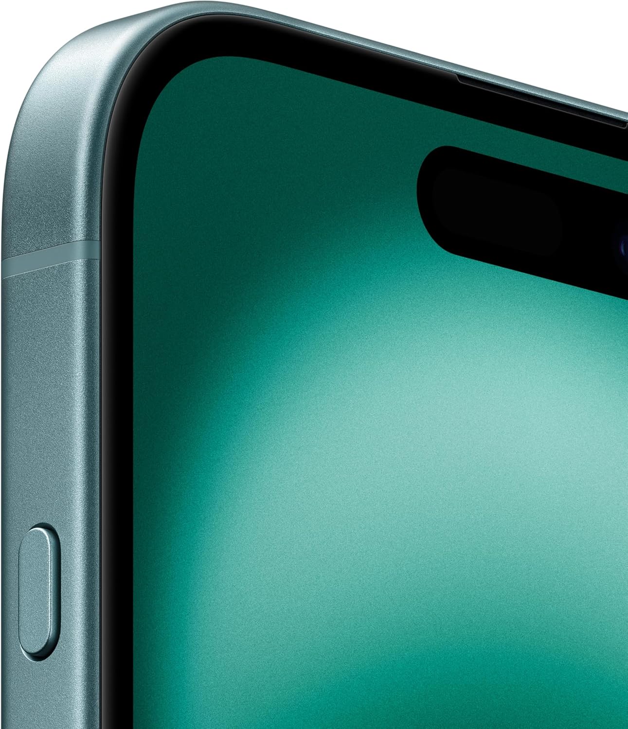 Detalhe do botão lateral e parte superior da tela do Apple iPhone 16 verde-acinzentado