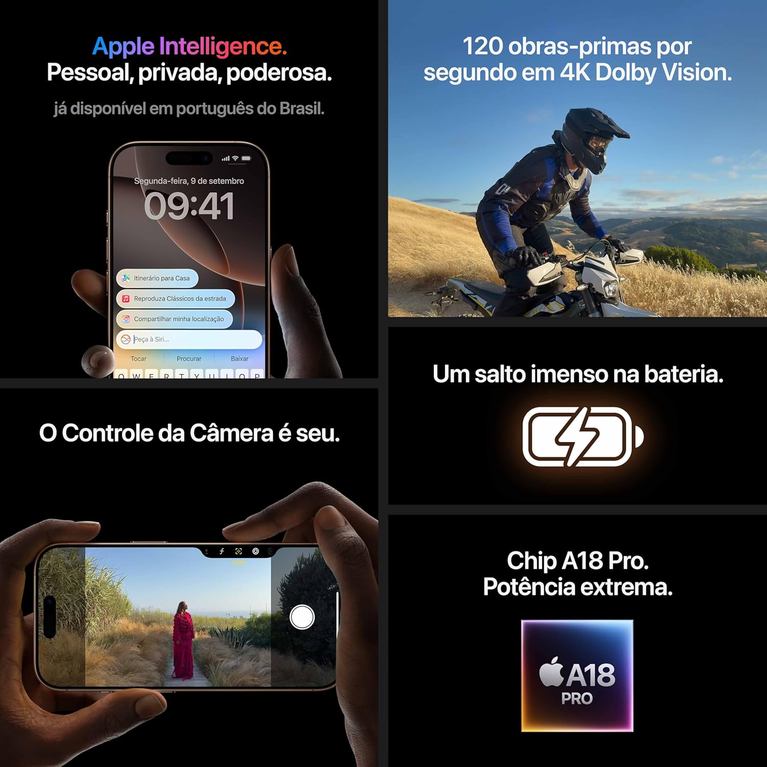 Recursos do Apple iPhone 16 Pro em português com bateria, câmera e chip A18 Pro