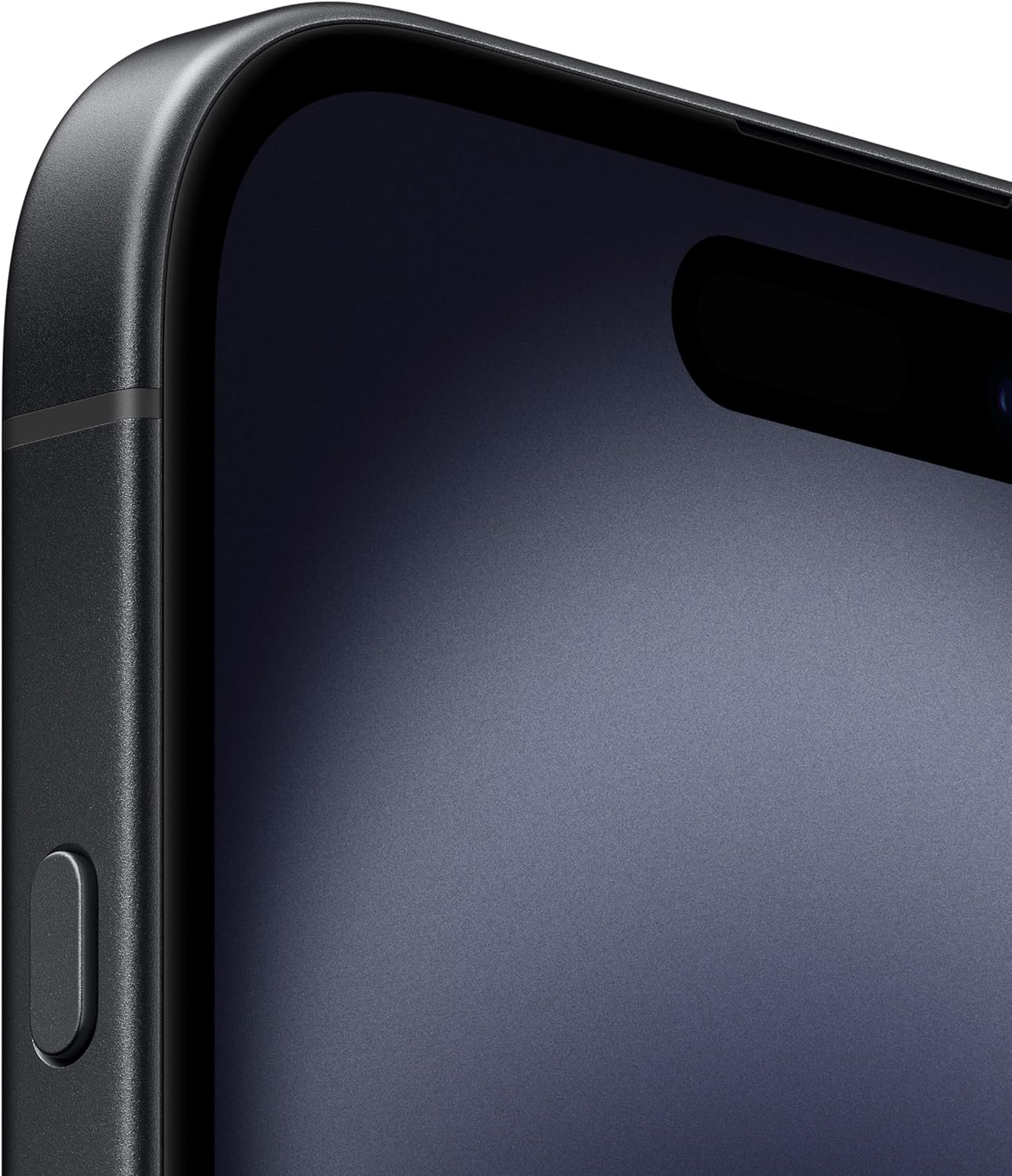 Close do canto superior Apple iPhone 16 Plus preto com botão lateral e notch