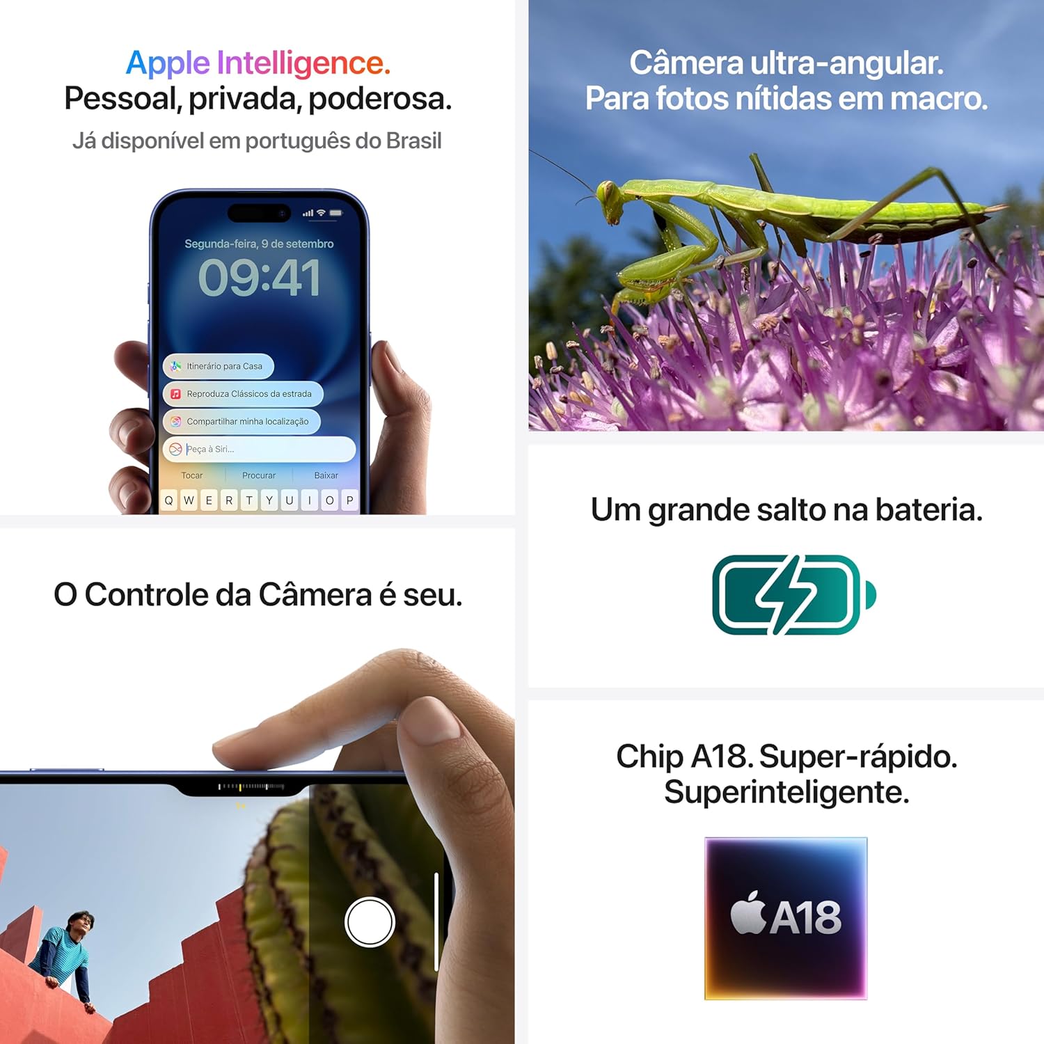 Recursos do Apple iPhone 16 destacando câmera, bateria e chip A18.