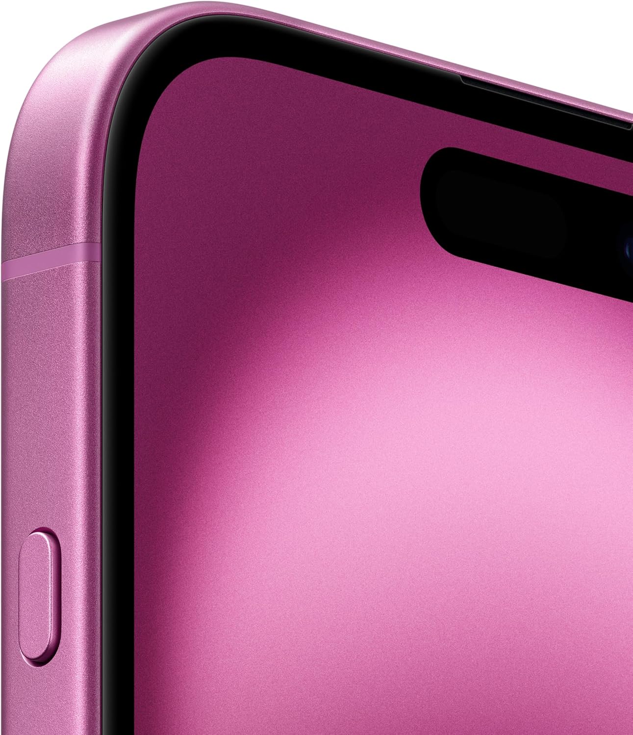 Detalhe do canto superior do iPhone 16 rosa com botão lateral e bordas da tela visíveis.