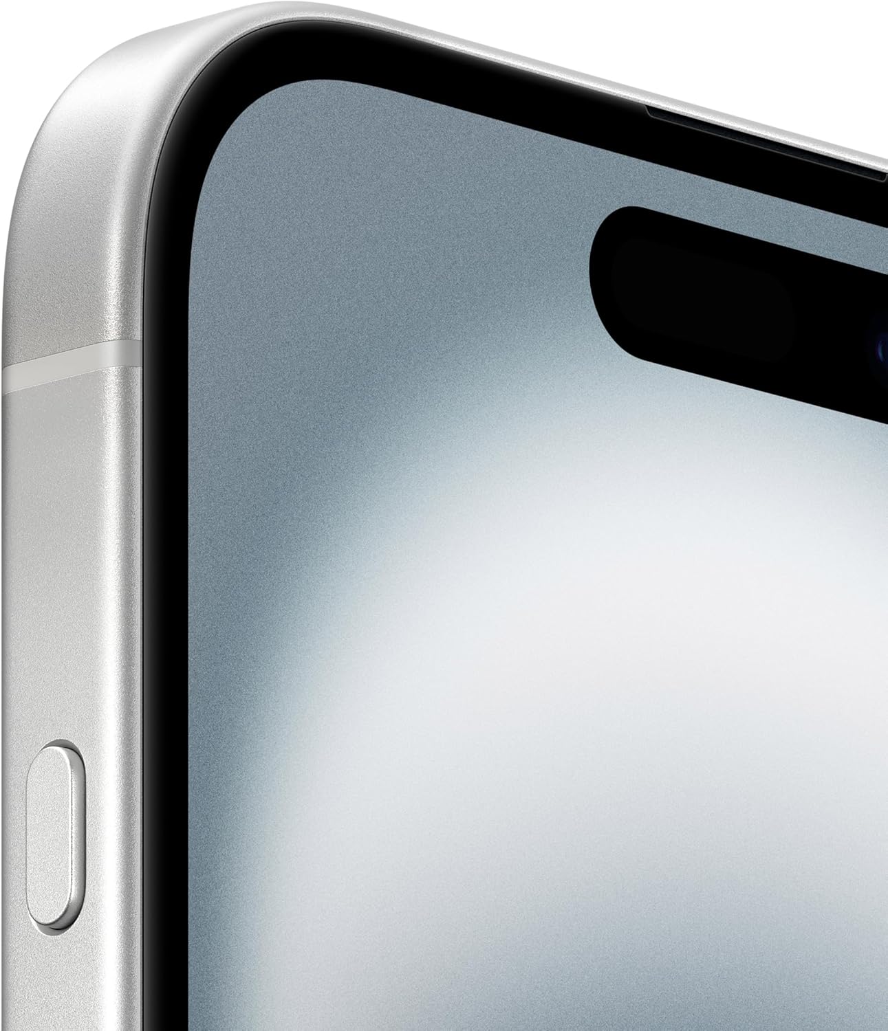 Detalhe do recorte superior da tela do iPhone 16 mostrando bordas prateadas