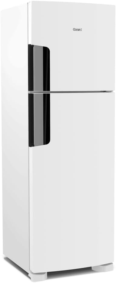 Geladeira branca Consul Frost Free Duplex vista lateral com portas e puxadores pretos.