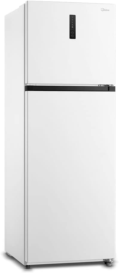 Geladeira Midea Frost Free Duplex 347L Slim branca vista lateral com painel digital
