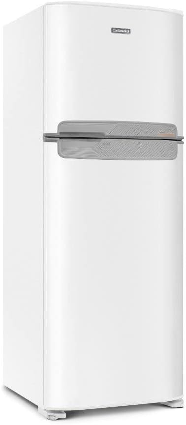 Refrigerador branco Continental 2 portas com puxadores cinza, vista lateral.