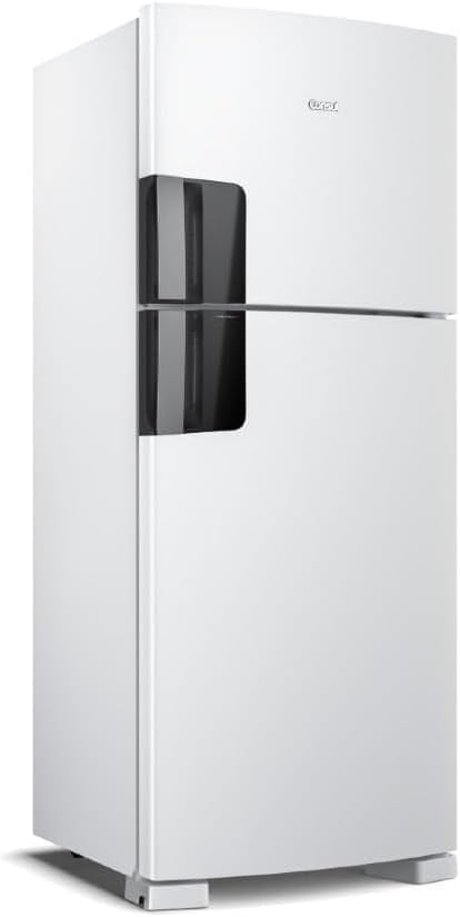 Geladeira Consul Frost Free Duplex branca vista lateral com puxadores pretos.