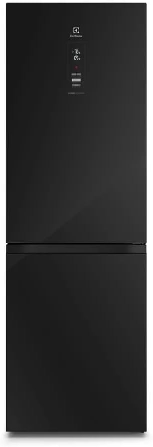 Geladeira Electrolux Frost Free Inverter preta vista frontal com painel digital.