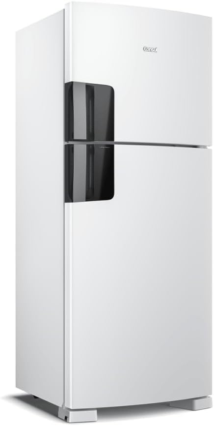 Geladeira Consul Frost Free Duplex branca 410 litros vista em ângulo de lado com portas fechadas