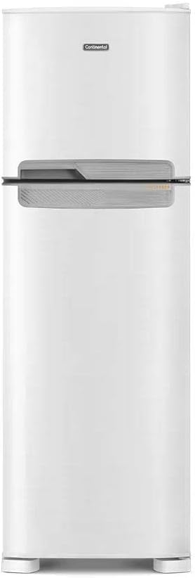Frente do refrigerador branco Continental 370L duas portas maçaneta cinza
