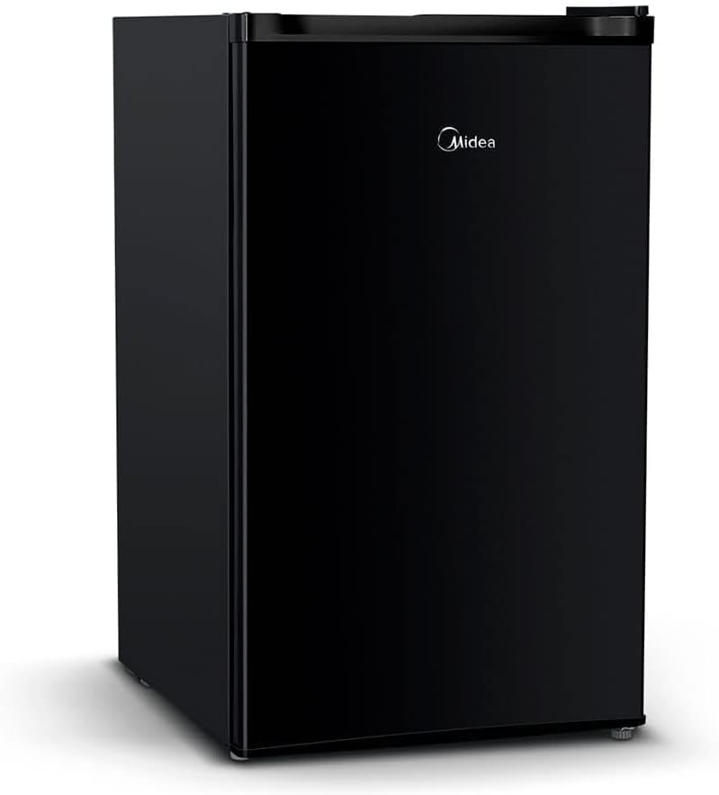 Frigobar Midea Black Edition preto 124 litros vista lateral e frontal