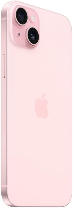 Apple iPhone 15 Plus rosa mostrando traseira com dual câmera e logo maçã, fundo branco