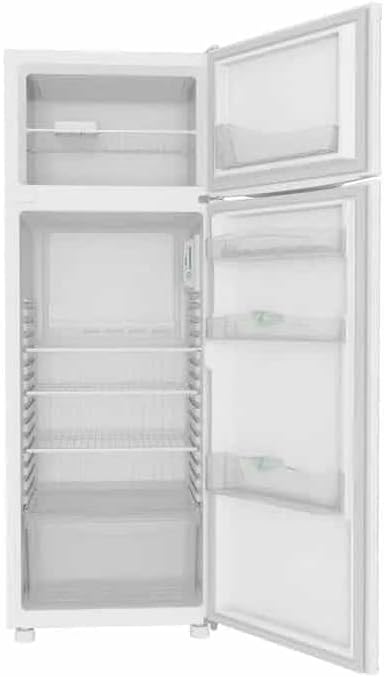 Interior aberto do refrigerador Consul duplex branco CRD37EBBNA mostrando compartimentos e prateleiras