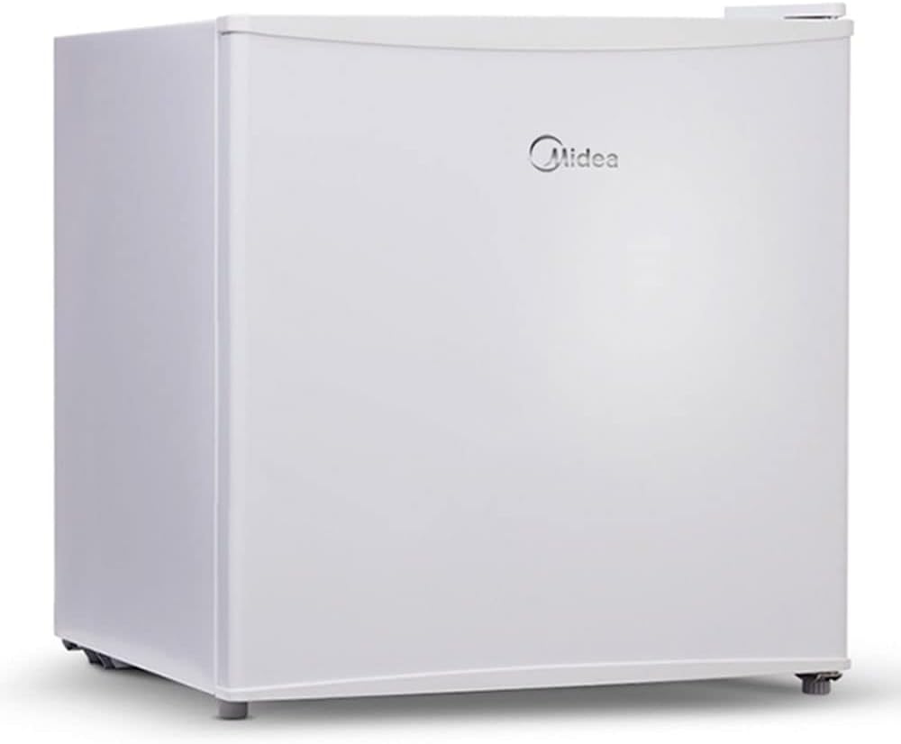 Frigobar Midea branco 45L visto de lado e frente com logo centralizado.