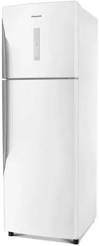 Refrigerador Panasonic frost free branco modelo NR-BT41PD1WB em ângulo mostrando design moderno.