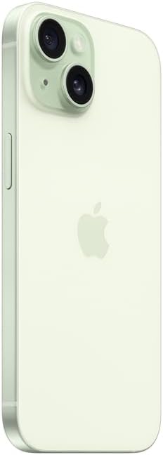 Traseira do Apple iPhone 15 verde 128 GB ângulo lateral com câmeras duplas e logo Apple