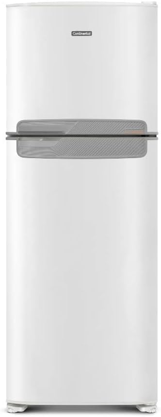 Refrigerador branco Continental 2 portas com puxadores cinza, vista frontal.